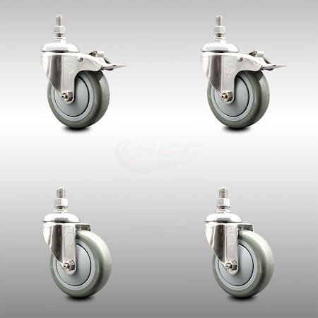Service Caster 4 Inch 316SS Gray Polyurethane 12mm Threaded Stem Caster Lock Brake, 2PK SCC-SS316TSTTL20S414-PPUB-M1215-2-S2